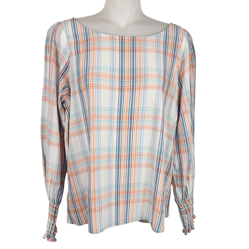 Ann Taylor Women Top Small White Blue Orange Plaid Smocked Long Sleeve Boat Neck